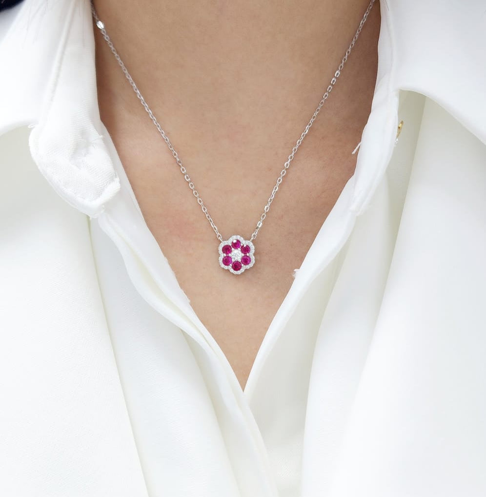 Ruby Red and Alabaster White Cubic Zirconium Flower Necklace