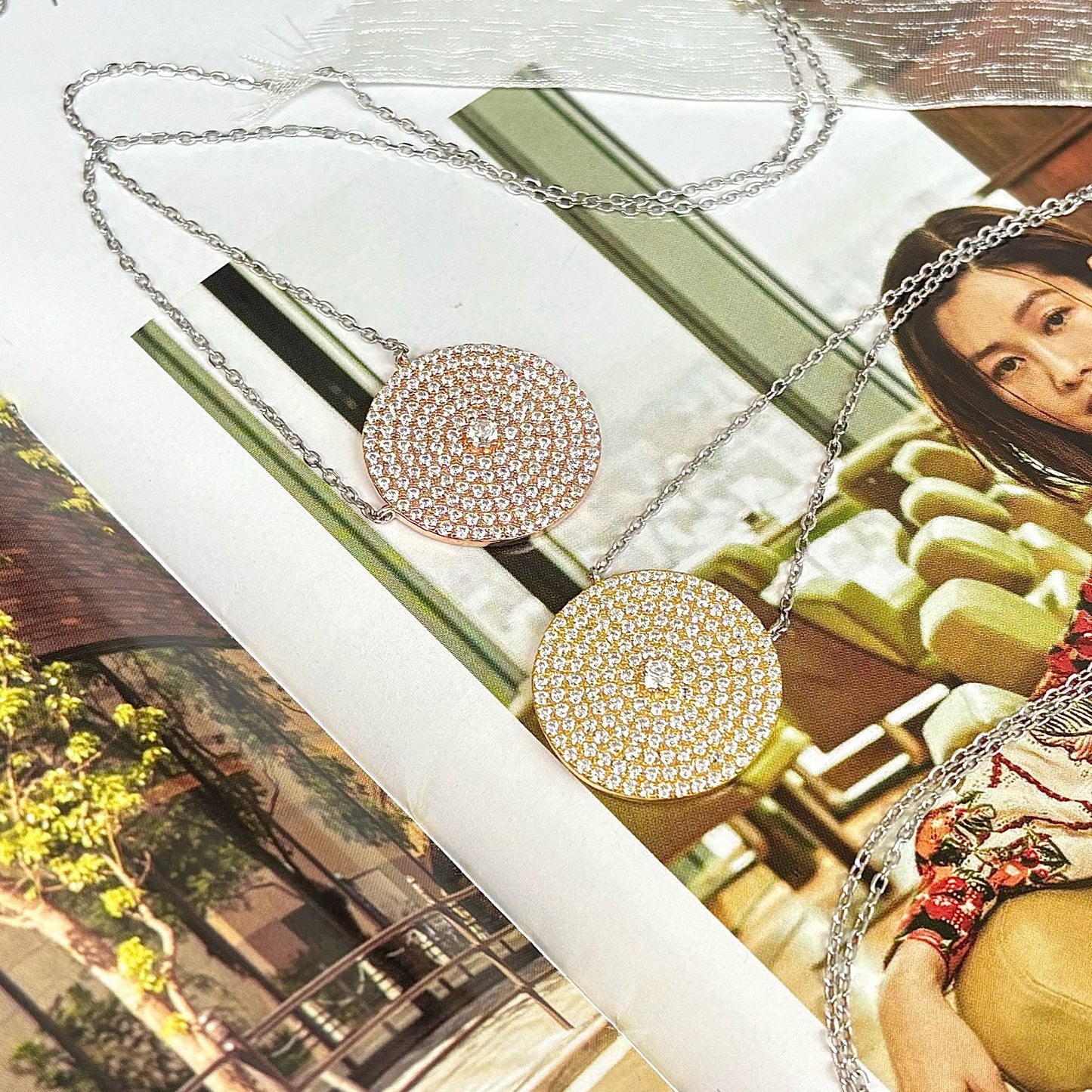 Gold Circle Sterling Silver Necklace with Cubic Zirconium