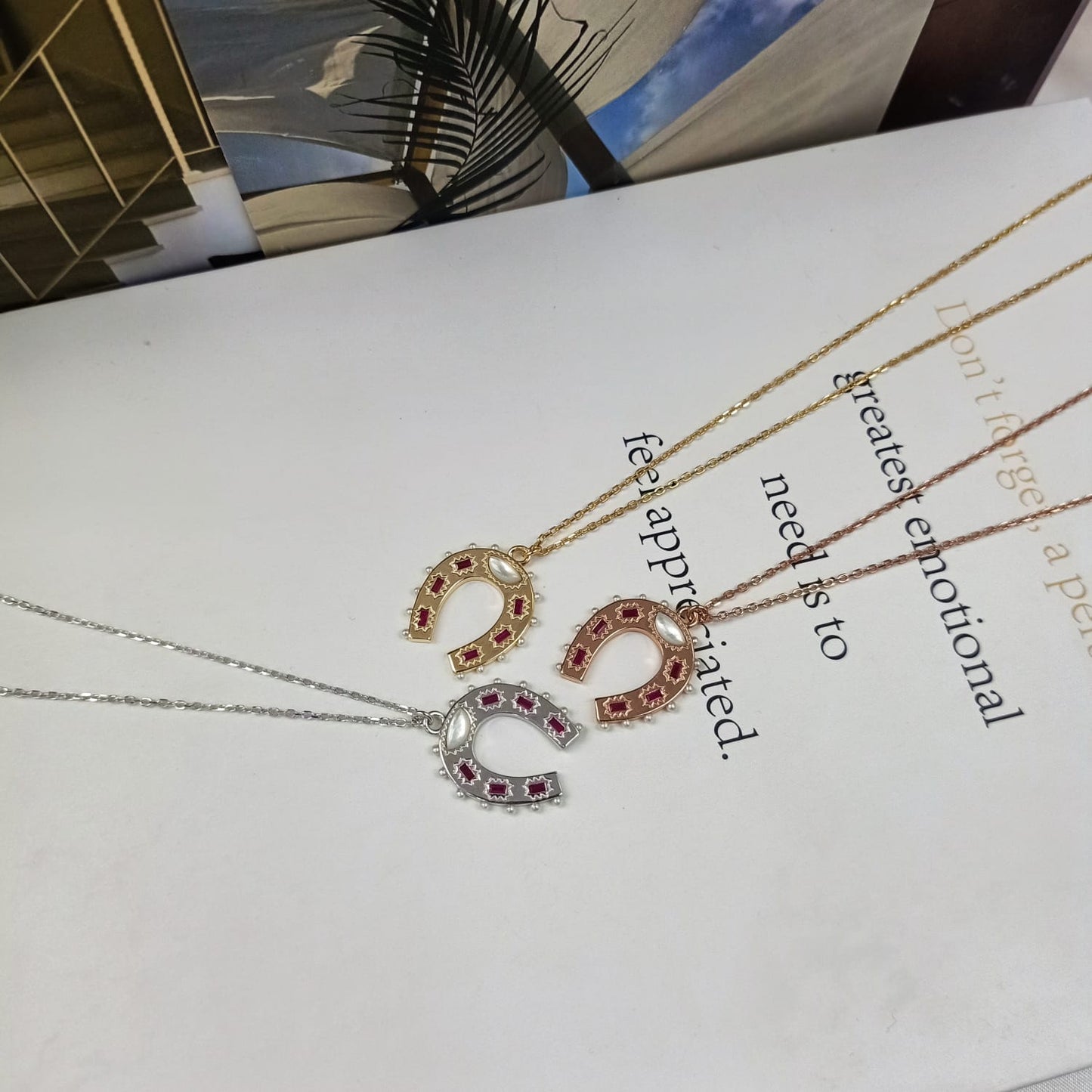 Silver Ruby & Opal Studded Horseshoe Necklace