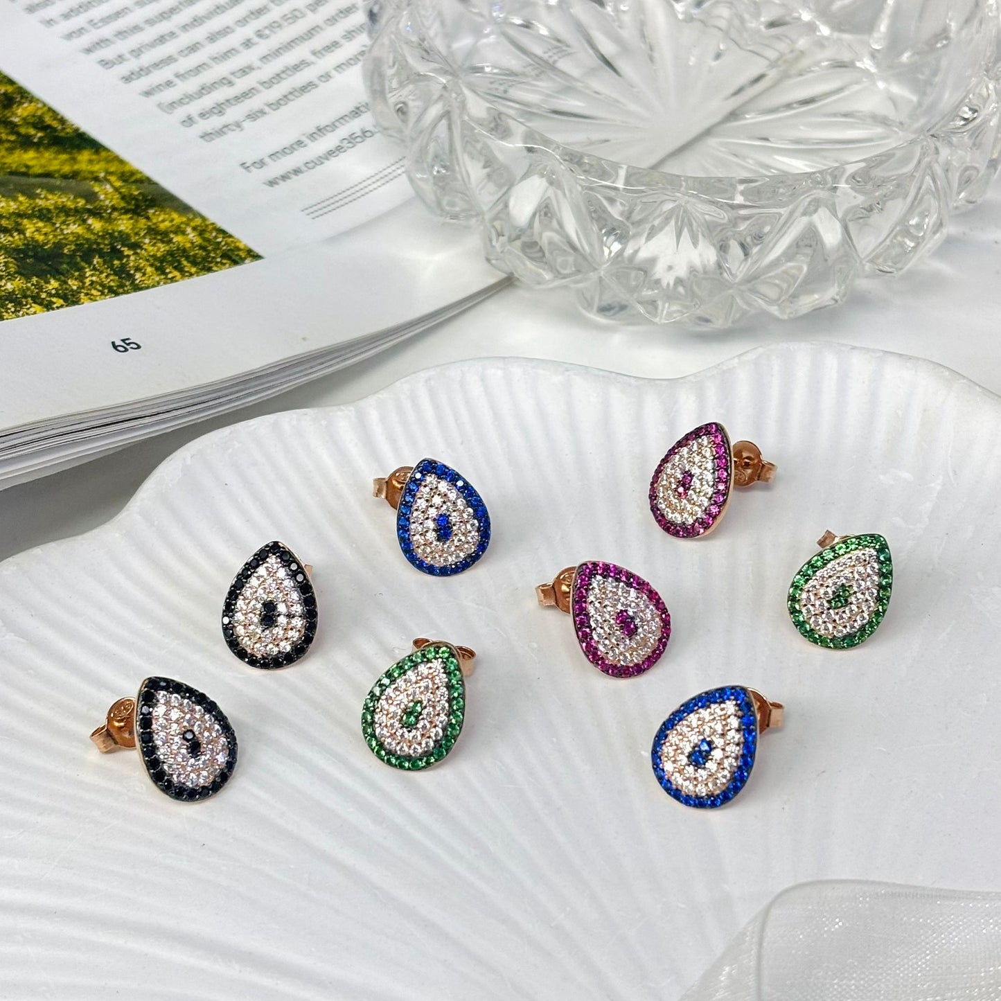 Two Tone Tear Drop Sparkle CZ Stud Earrings