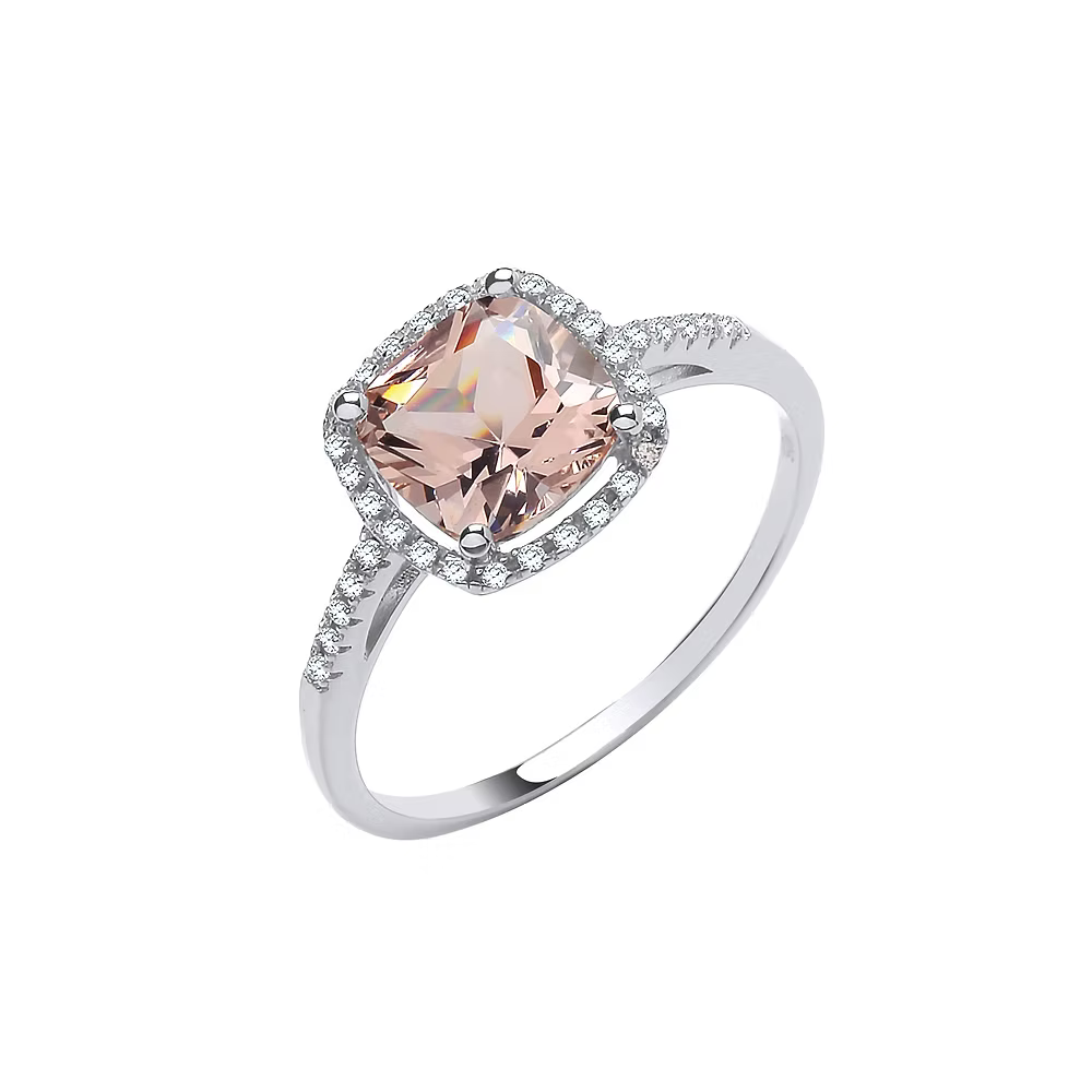 Silver Cushion Cut Synthetic Morganite & Cz Halo Ring