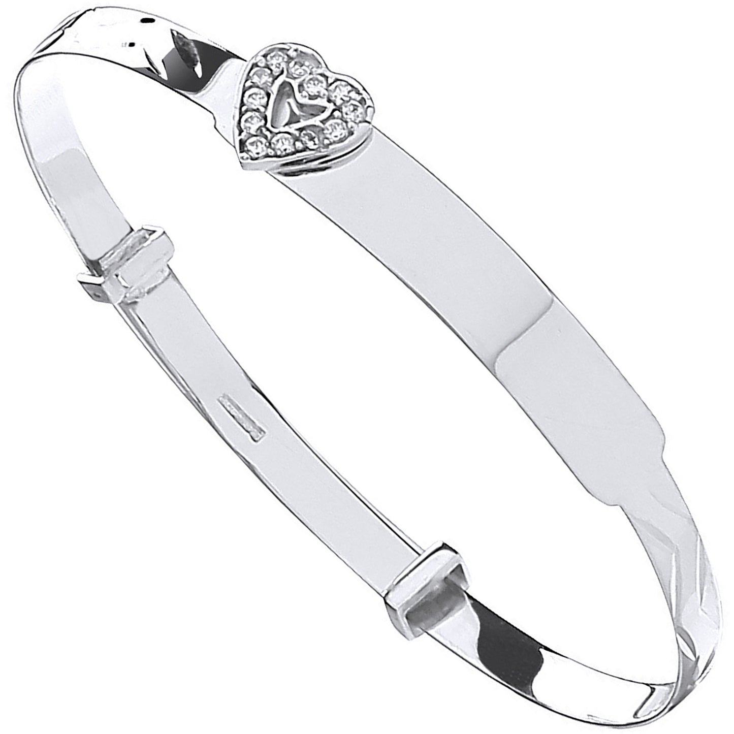 9ct White Gold Diamond-Cut Expandable Baby Bangle with CZ Heart