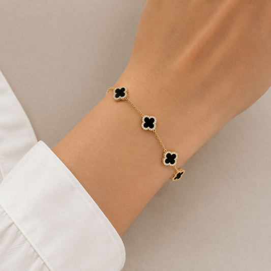 925 Silver 14ct Gold-Plated 5-Clover Bracelet – Black Onyx Colour