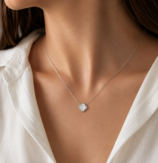 925 Silver Rhodium Single Clover Necklace White Mother of Pearl