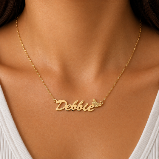 9ct Yellow Gold Custom Script Butterfly Nameplate