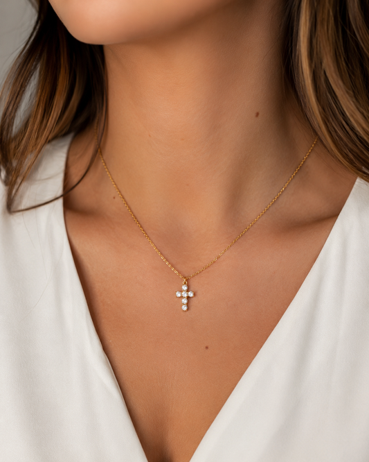 Elegant 6 Stone Cross Necklace with White Cubic Zirconia