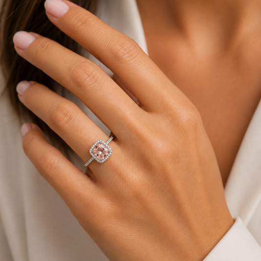 Sterling Silver Cushion-Cut Synthetic Morganite & Cubic Zirconia Halo Ring