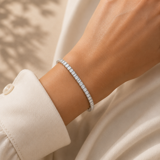 Sterling Silver Baguette Cut Tennis Ladies Bracelet