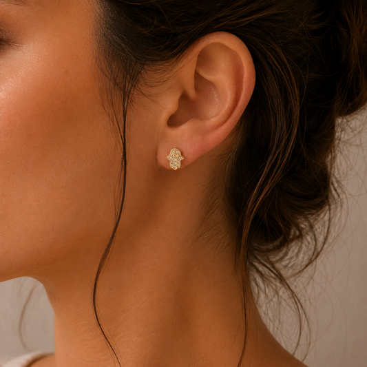 9ct Yellow Gold Hamza with Evil Eye CZ Stud Earrings