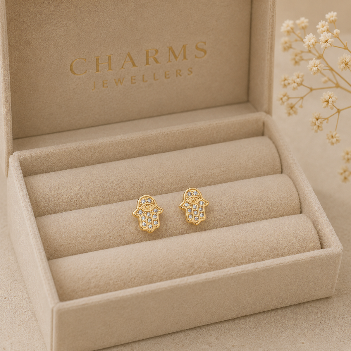 9ct Yellow Gold Hamza with Evil Eye CZ Stud Earrings