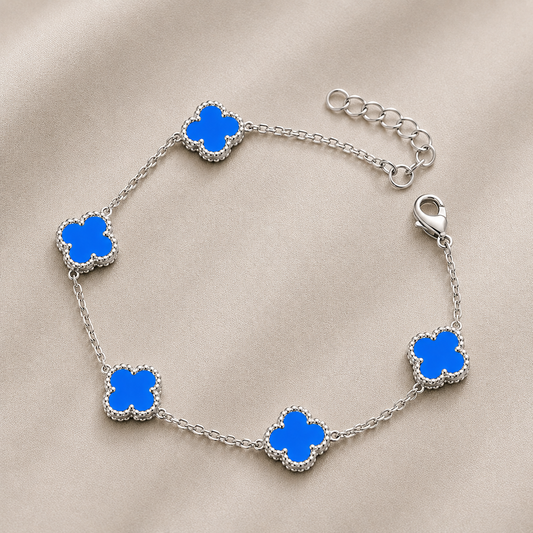 925 Silver 14ct Gold-Plated 5-Clover Bracelet – Blue Agate Colour
