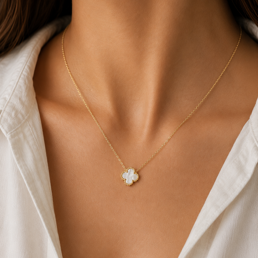 925 Silver Rhodium Single Clover Necklace White Mother of Pearl