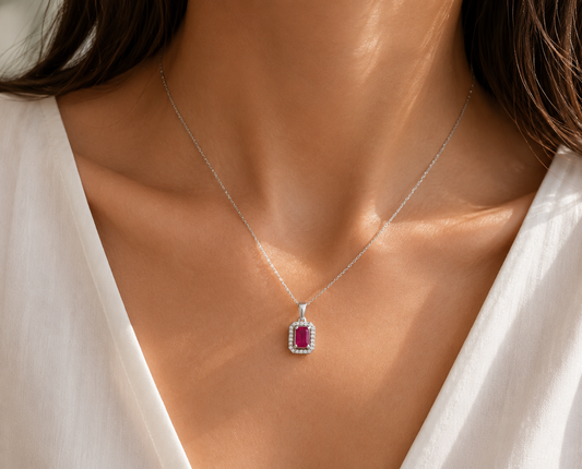 18ct White Gold 0.10ctw Diamond & 0.65ctw Ruby Pendant