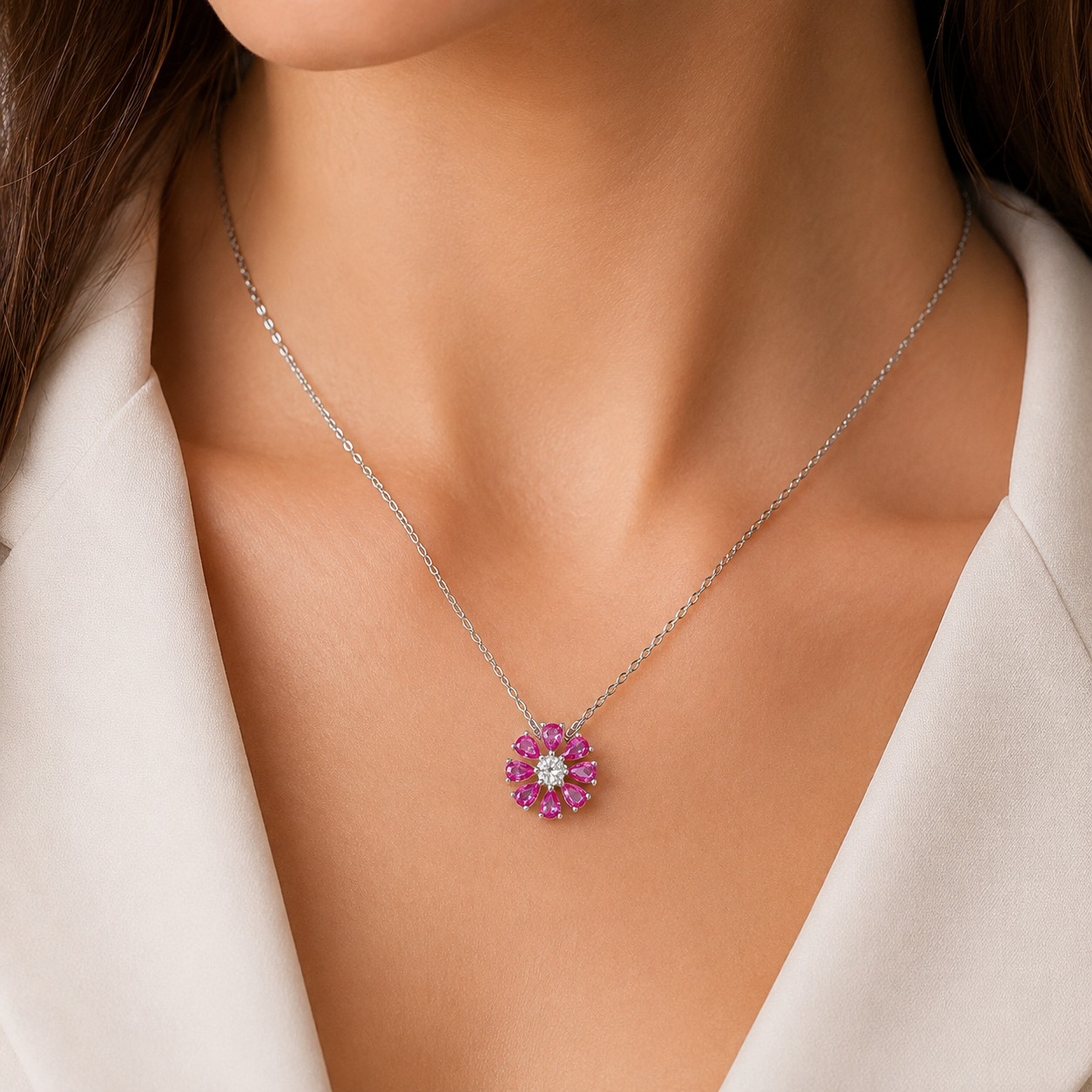 Pink Sapphire Flower Sterling Silver Necklace with White Cubic Zirconia