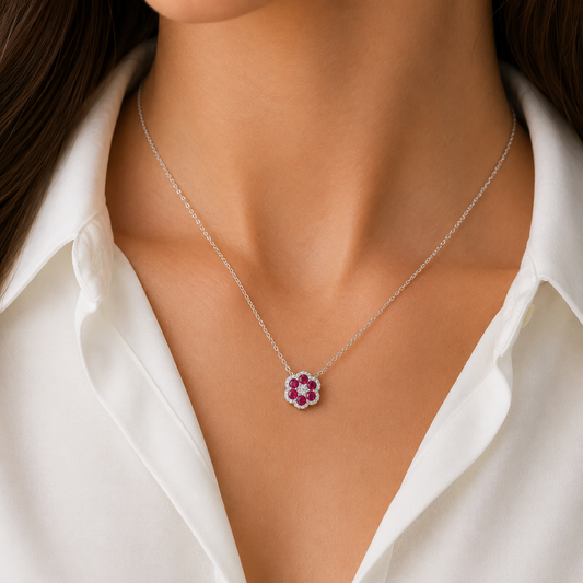 Ruby Red Flower White Cubic Zirconium Flower Sterling Silver Necklace