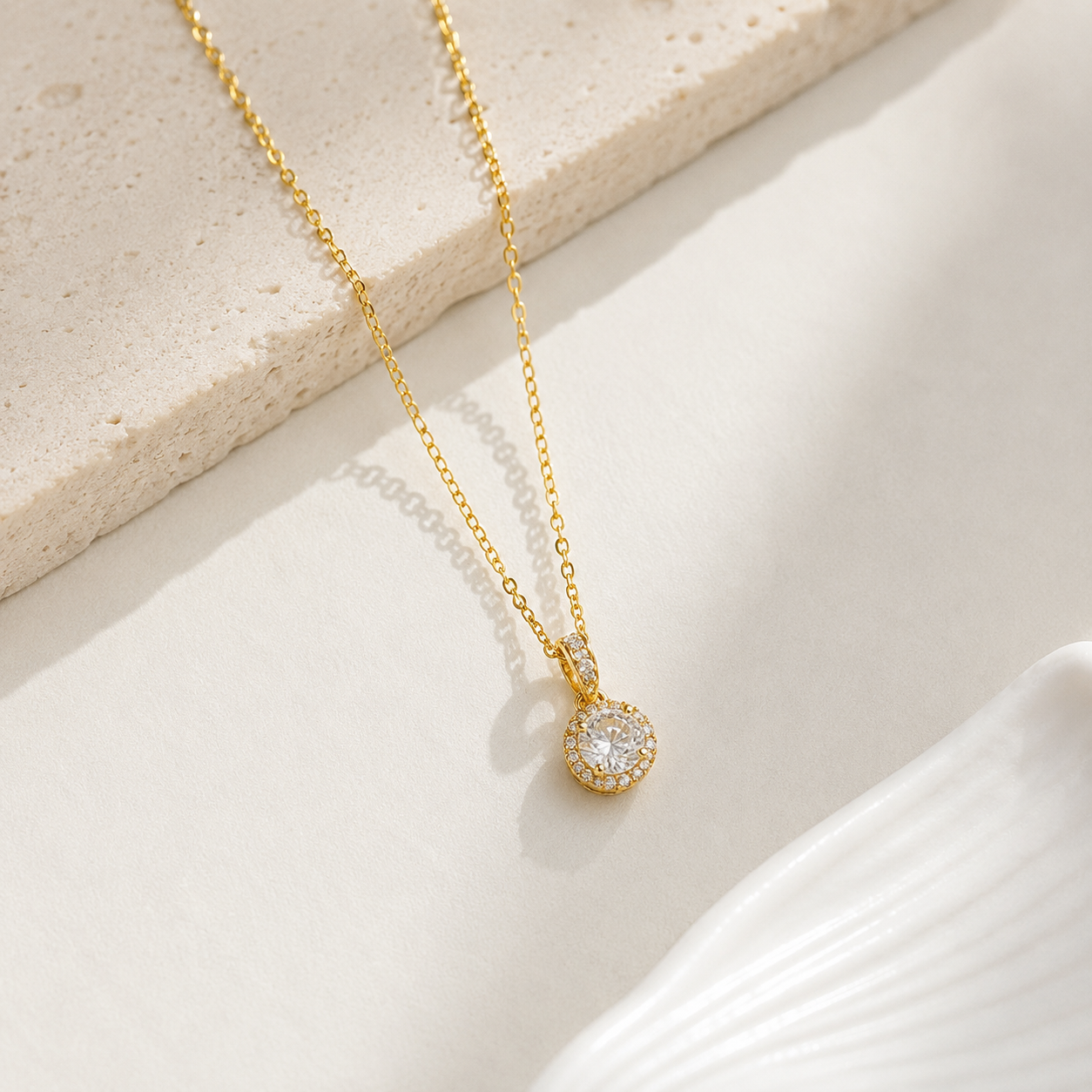 Yellow Gold-Plated Sterling Silver Oval Necklace with Clear White Cubic Zirconia