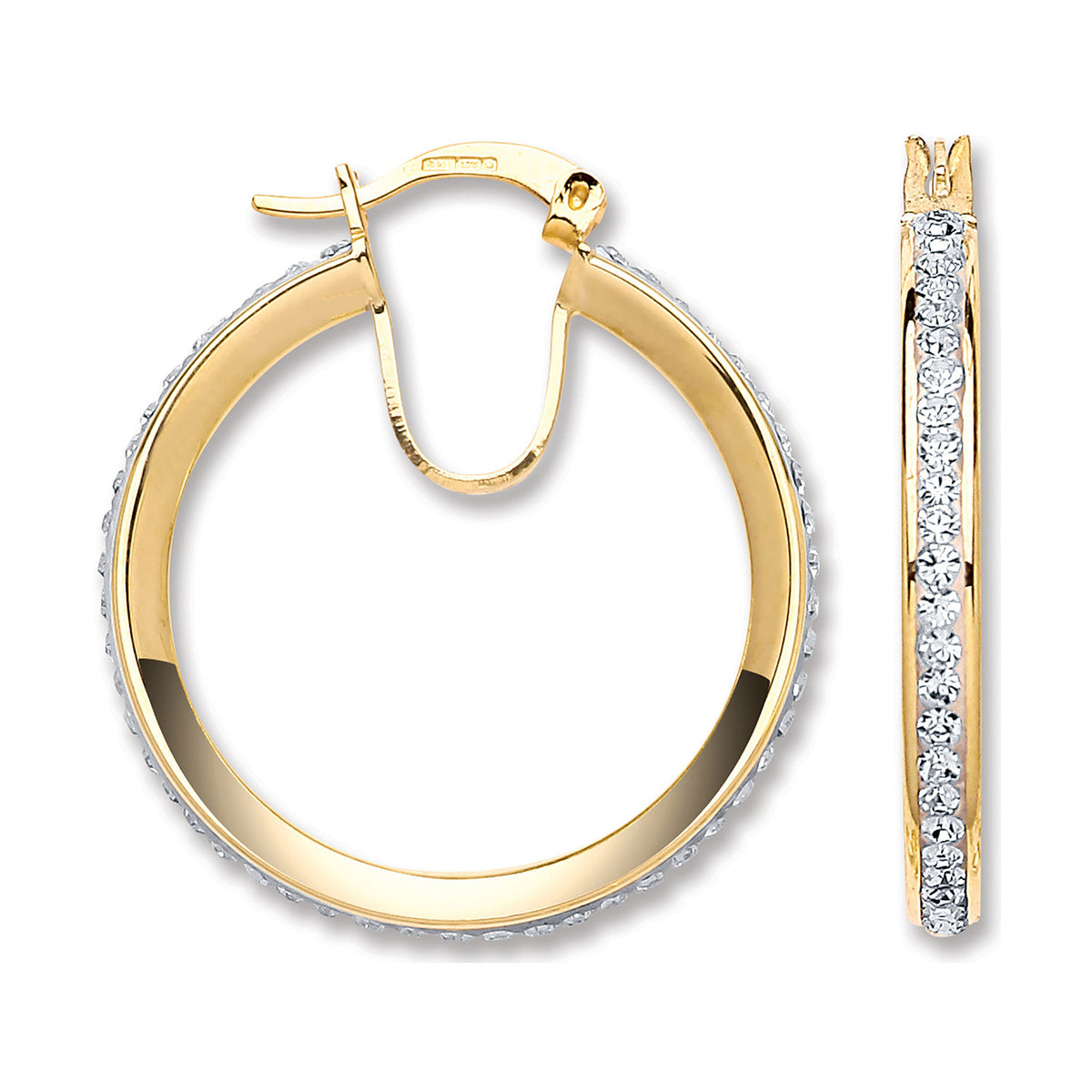 9ct Yellow Gold 28mm Round Crystal Hoop Earrings