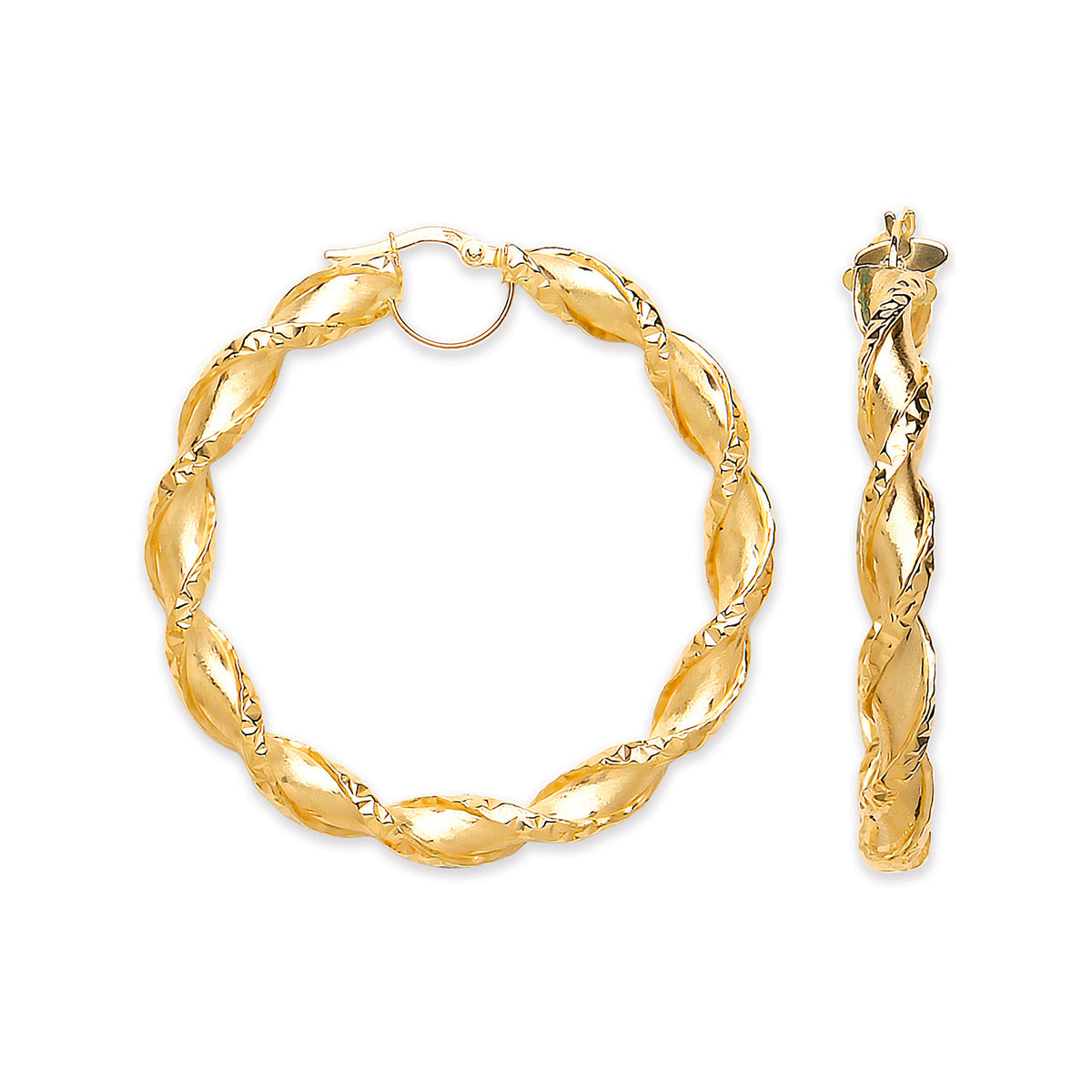 9ct Yellow Gold 49mm Twisted Hollow Hoop Earrings