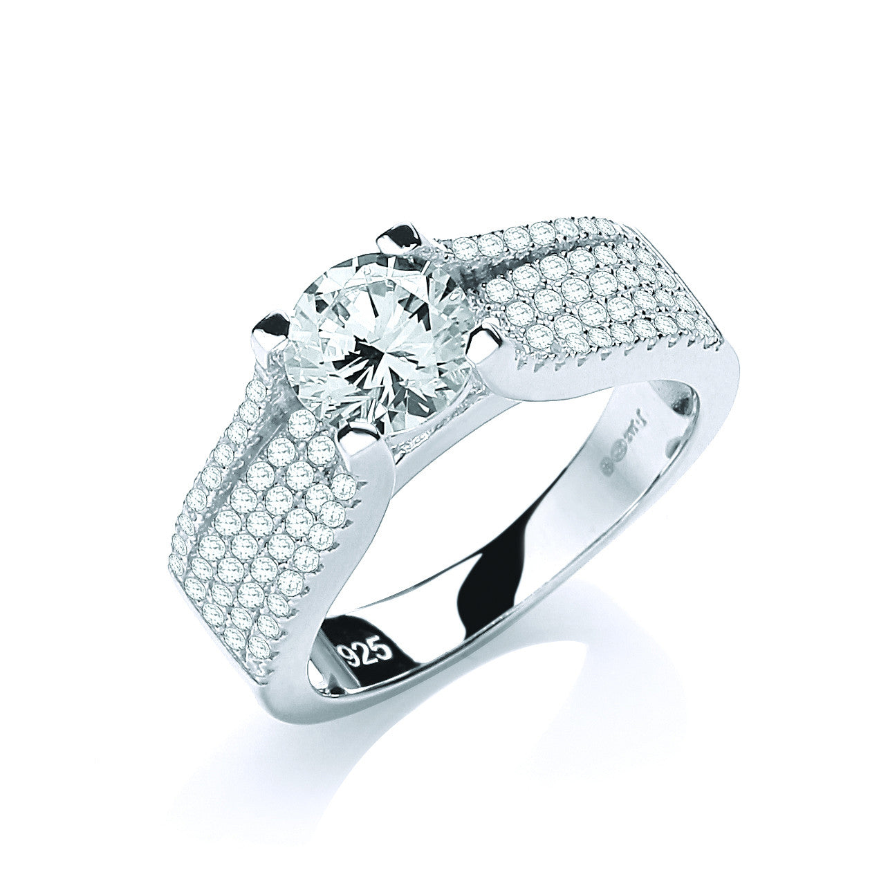 Micro Pave' Round Brilliant Centre Cz Silver Ring