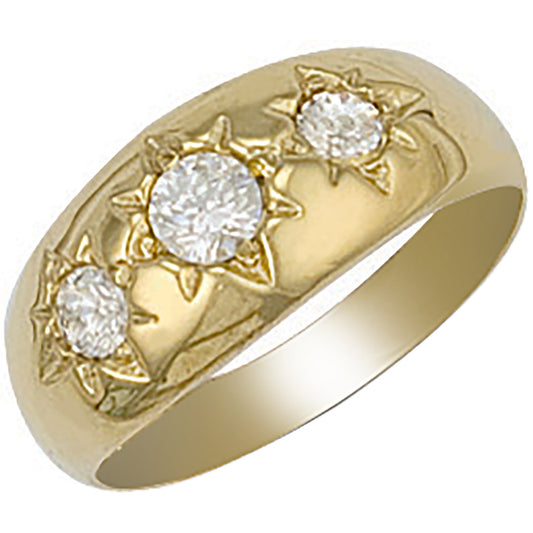 9ct Yellow Gold Three Stone Cubic Zirconia Gents Ring