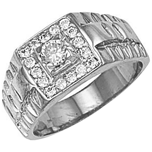 9ct White Gold Square Top Cubic Zirconia Gents Ring