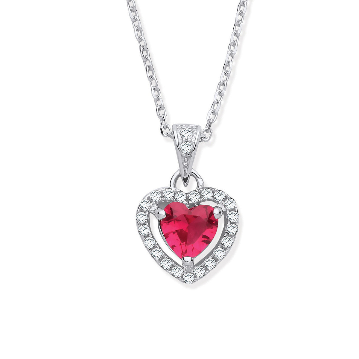 The Passionate Heart: Sterling Silver Ruby-Red CZ Halo Pendant Necklace