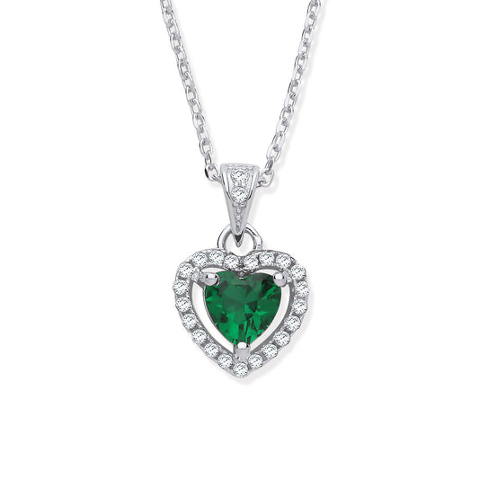 The Royal Heart: Sterling Silver Emerald-Green CZ Halo Pendant Necklace