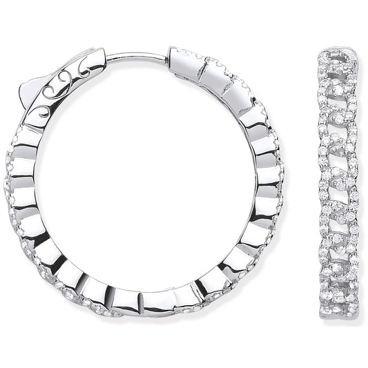 Sterling Silver Curb Chain Link Cubic Zirconia Hoop Earrings