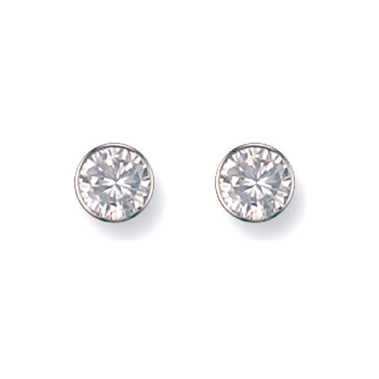 9ct White Gold 6mm Rubover Set CZ Solitaire Stud Earrings