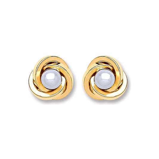 9ct Gold Simulated Pearl Knot Stud Earrings