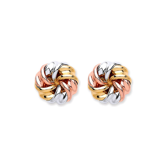 9ct Yellow, White and Rose Gold Tri-Colour Tight Knot Stud Earrings