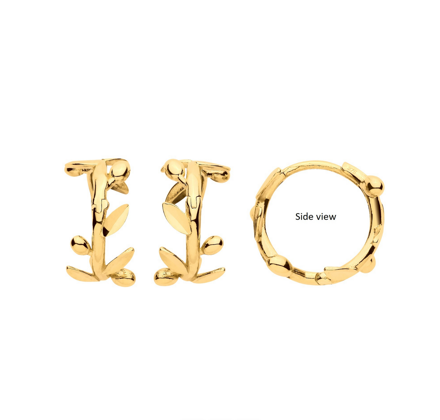 9ct Yellow Gold Leaf with Olive Huggies Earrings