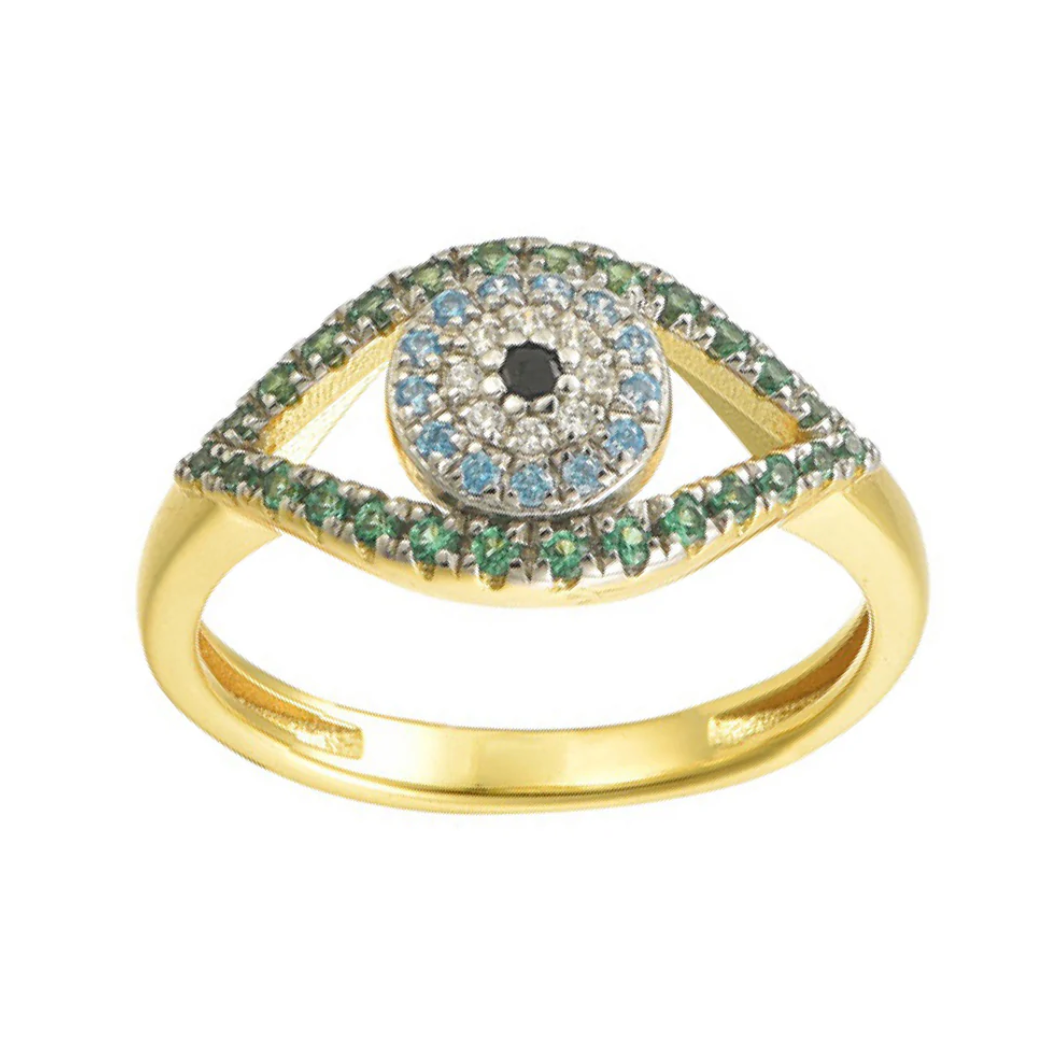 Gold-plated Silver Green Blue Black CZ Anti Envy Evil Eye Ring
