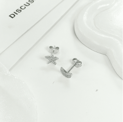 Silver Stud Earrings Half Moon and Star