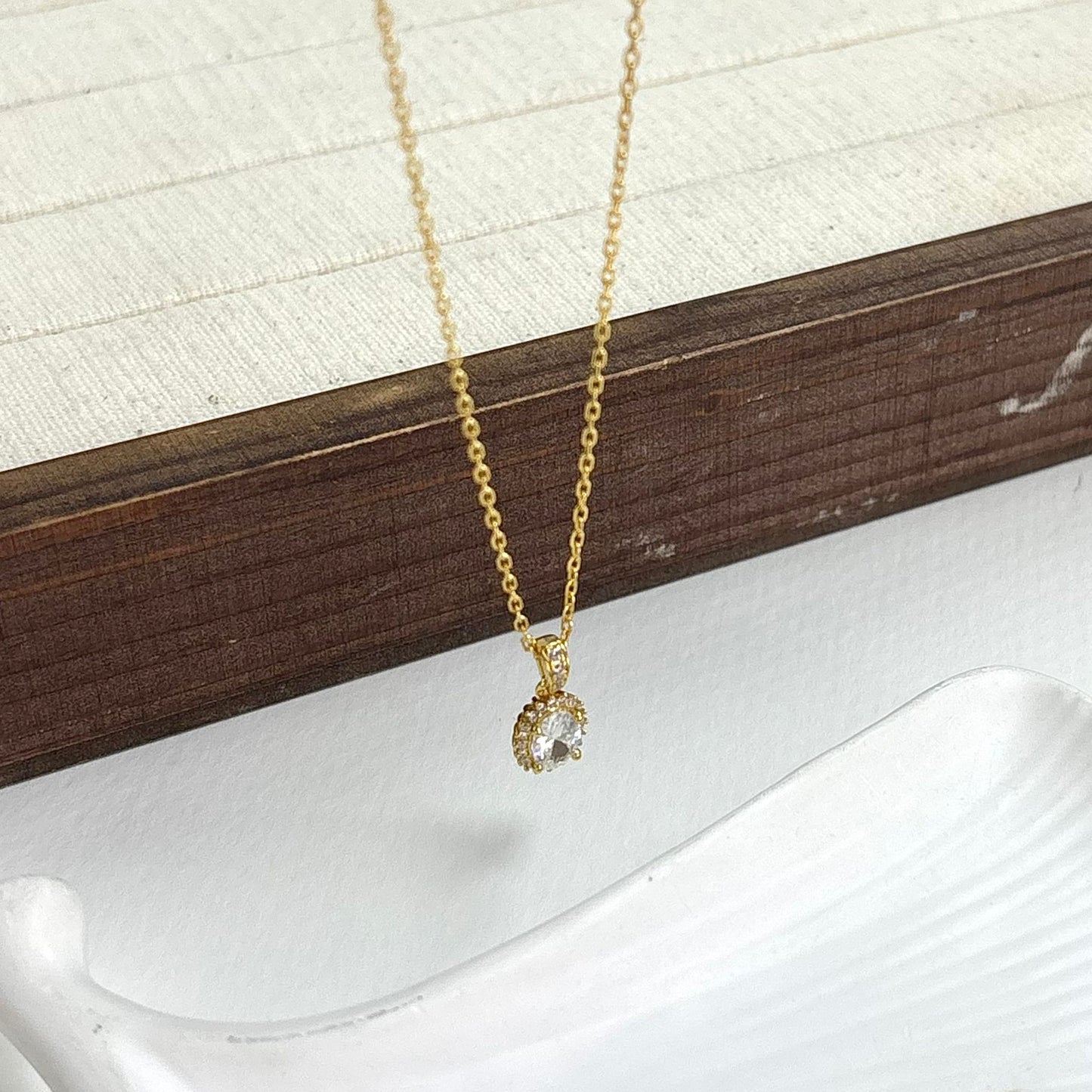 Gold Plated Silver Oval Clear White CZ Necklace