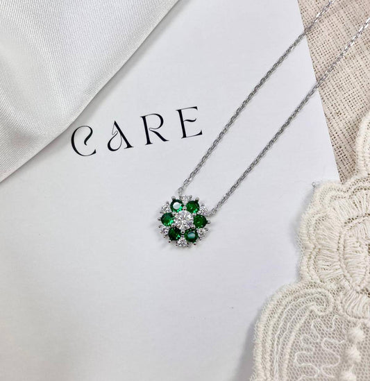 Emerald-Coloured Sterling Silver CZ Round Cut Petal Flower Necklace