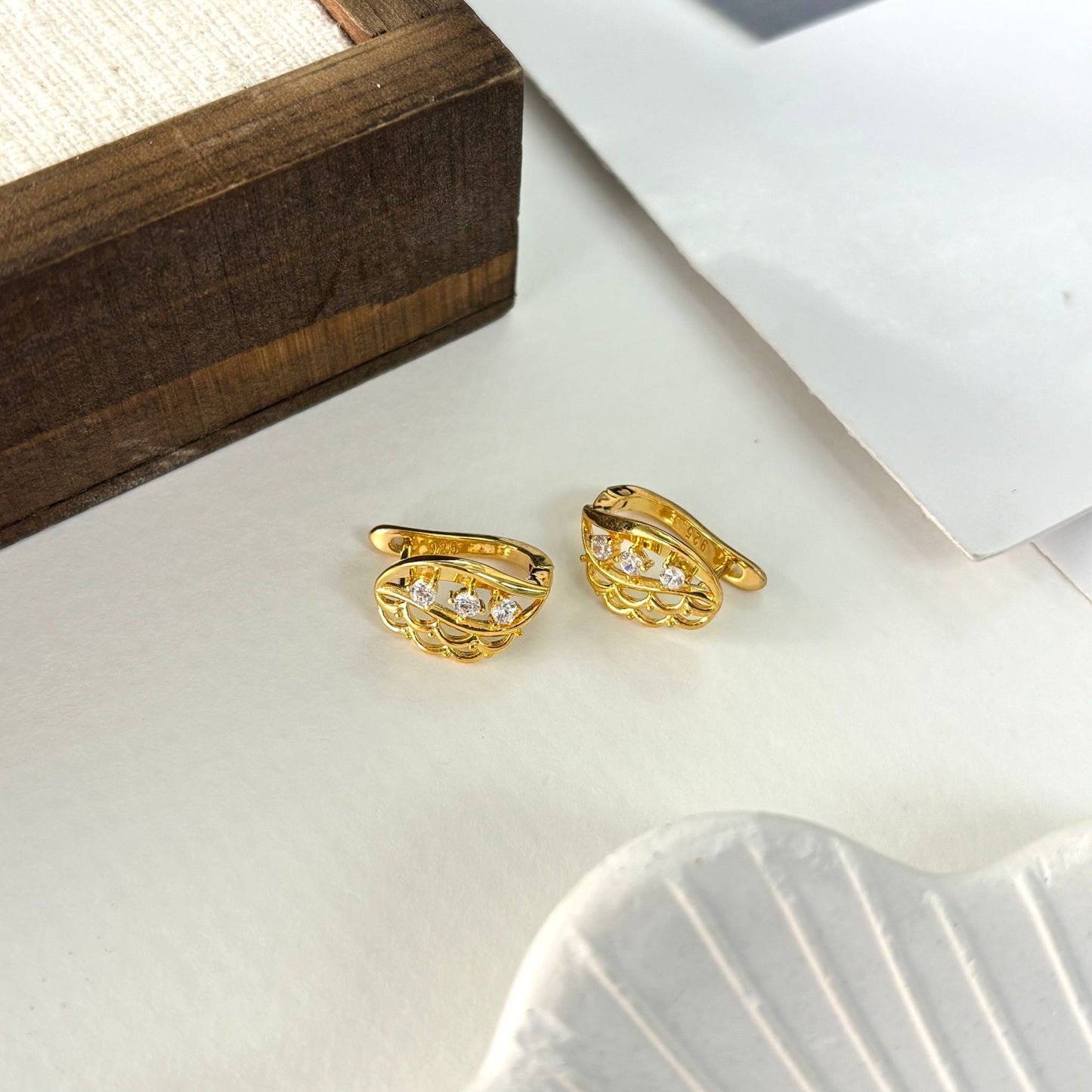 Sterling Silver Gold Plated 3 Stone Flower Design Earrings