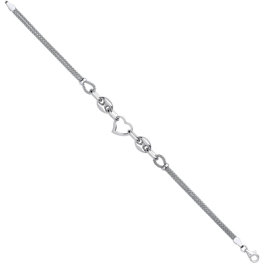 Sterling Silver Heart & Coffee Bean Popcorn Chain Ladies Bracelet