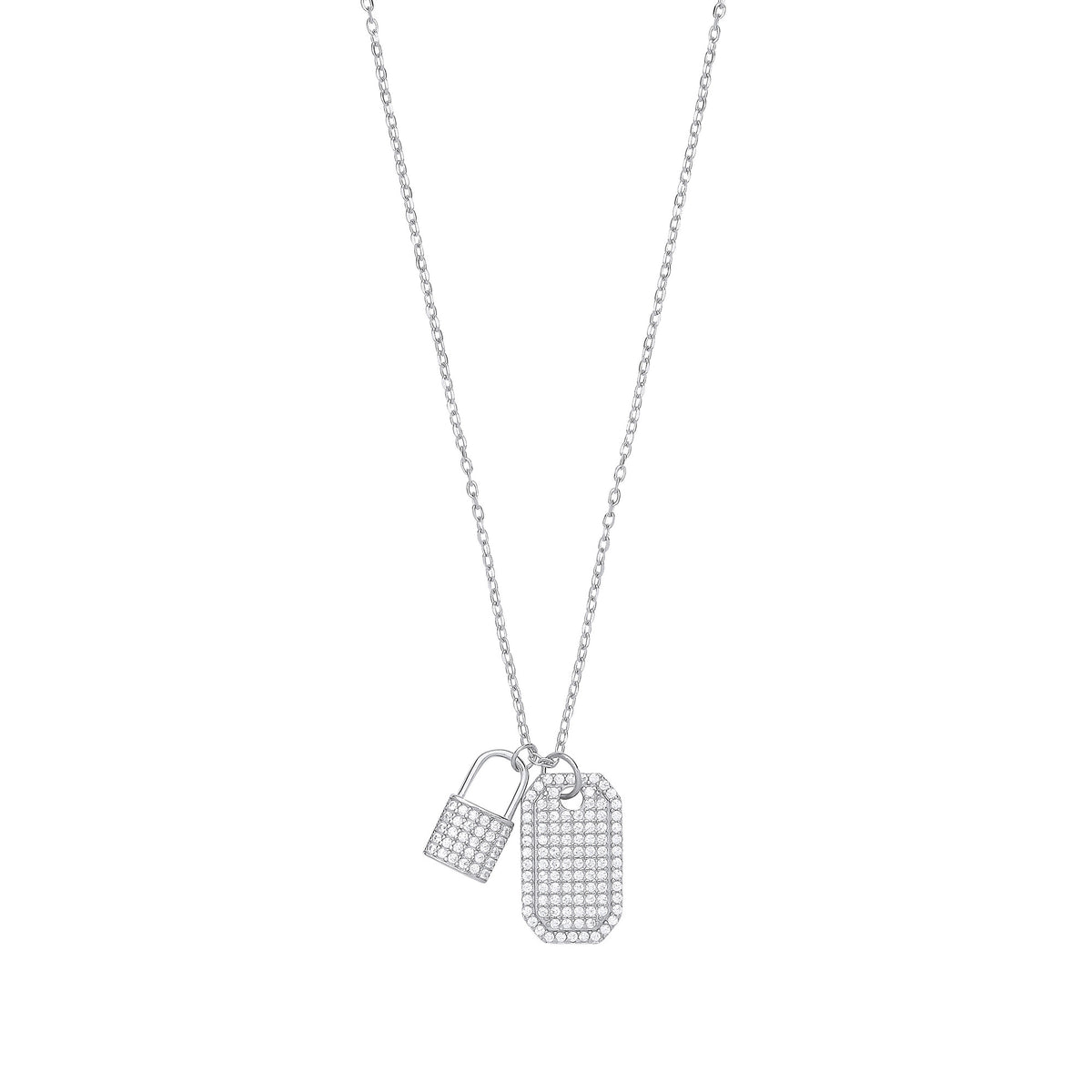 Sterling Silver CZ Padlock & Dog Tag Pendant Necklace