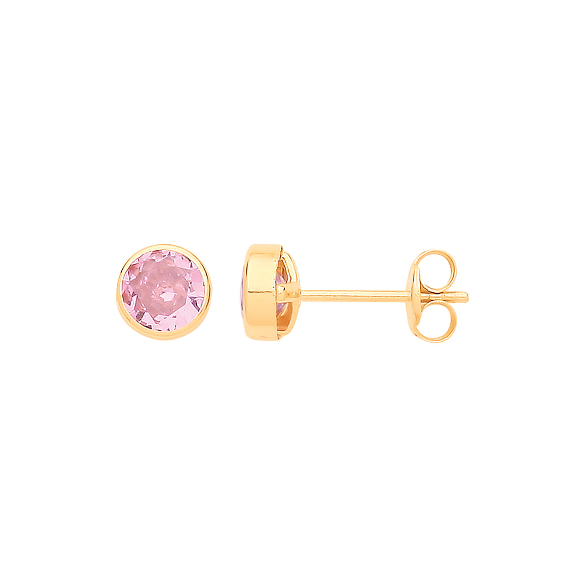 9ct Yellow Gold 5mm Rubover Set Pink Cubic Zirconia Stud Earrings