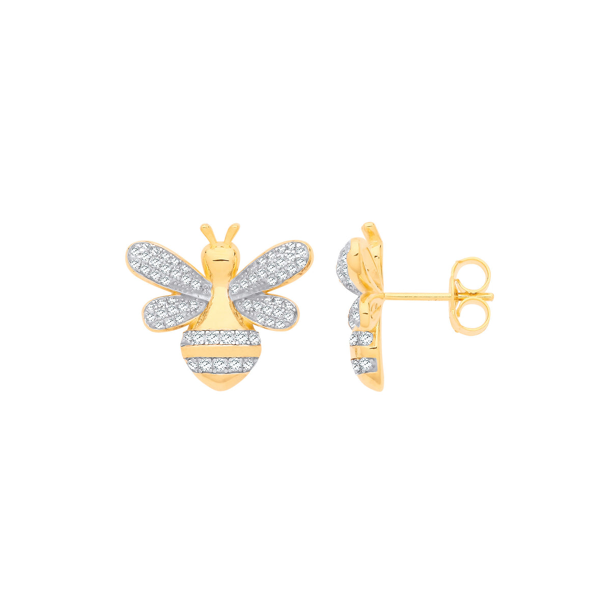 llow Gold Plated and Sterling Silver CZ Bumblebee Stud Earrings