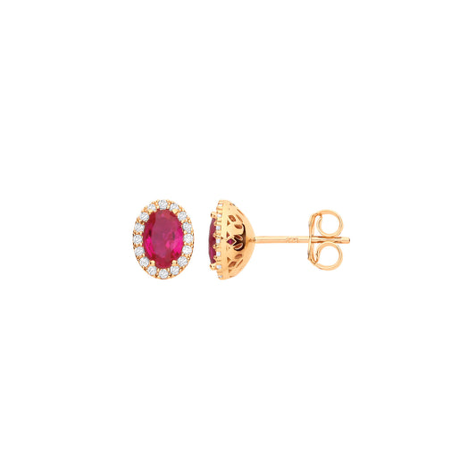 Yellow Gold Plated Sterling Silver Oval Ruby Red CZ Stud Earrings