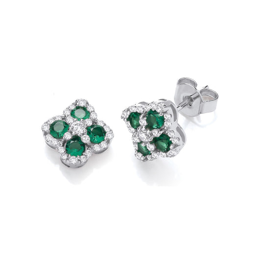 Green Four Leaf Clover Cz Stud Earrings