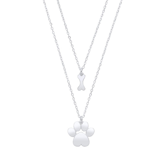 Sterling Silver Dog Paw & Bone Layered Pendant Necklace (16" / 18" Adjustable)
