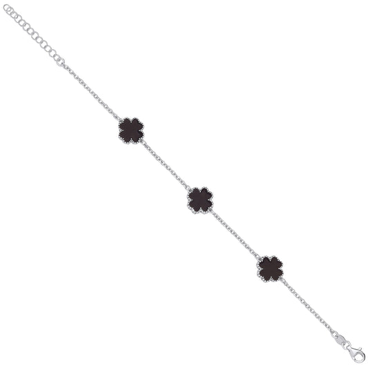 Silver BLACK Enamel Four Leaf Clover Bracelet 7"