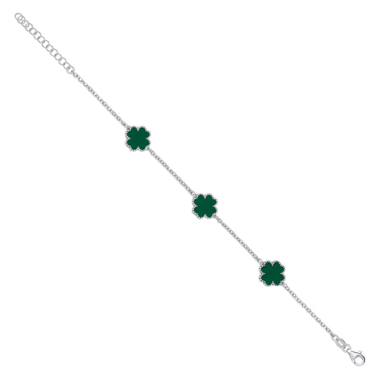 "Silver GREEN Enamel Four Leaf Clover Bracelet