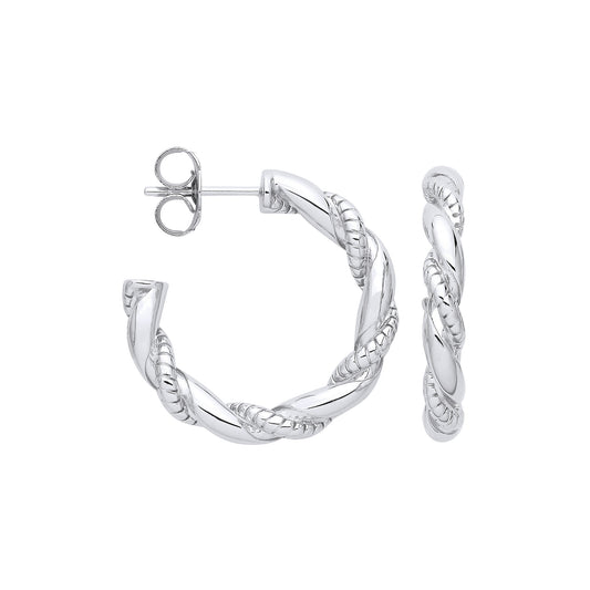 Sterling Silver Plain and Ribbed Twisted Hoop Earrings
