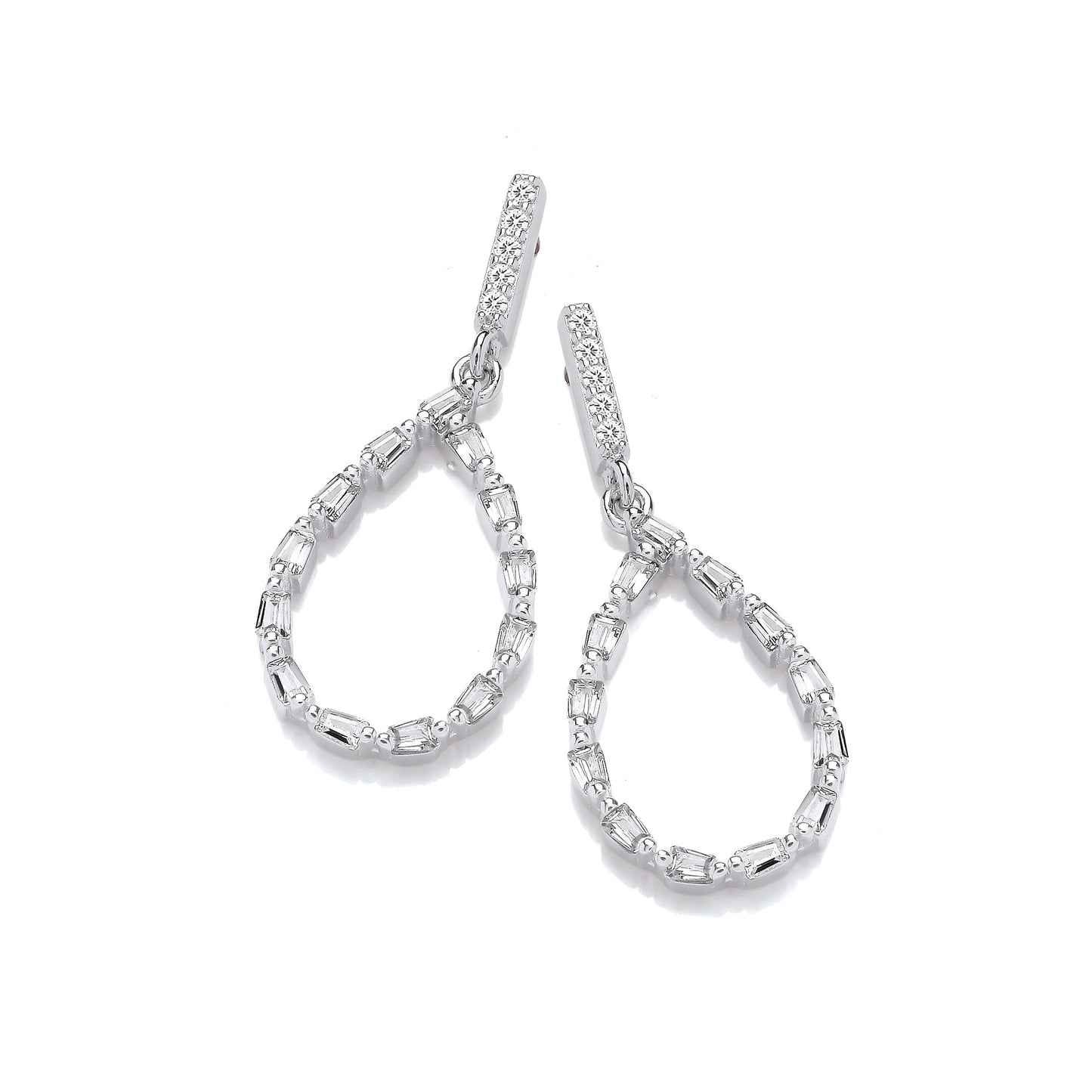 Teardrop Baguette CZs Silver Drop Earrings