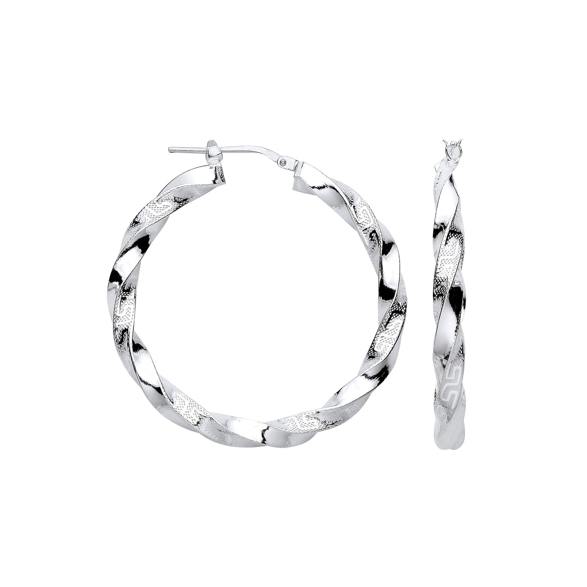 Sterling Silver 37mm Greek Key Twist Hoop Earrings