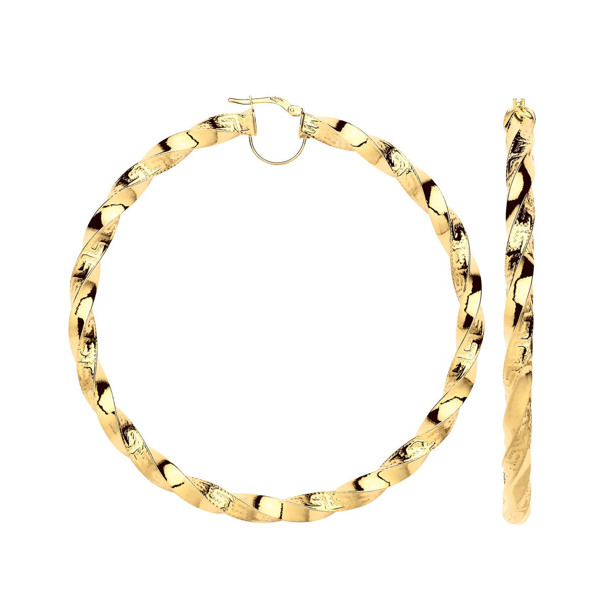 9ct Yellow Gold 75mm Twisted Greek Key Hoop Earrings
